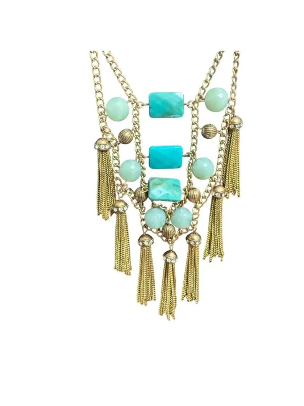 I Am Necklace Blue Beaded Tassel Boho Southwestern Gold Tone 19-22 inches